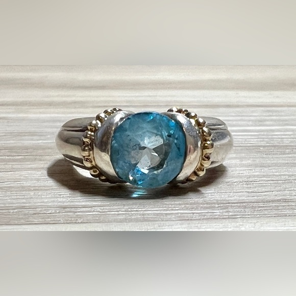 Vintage Designer Signed Sterling Silver & 14k Gold Beaded Blue Topaz Ring - Picture 2 of 11